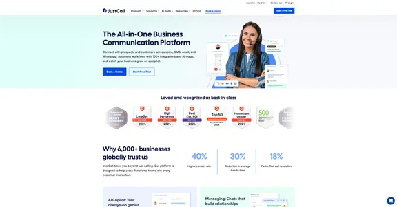 Screenshot of the JustCall website home page